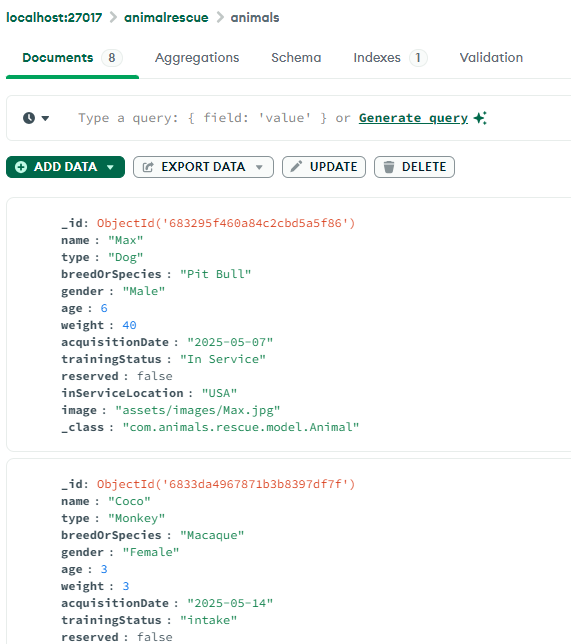 MongoDB Compass Animal Collection