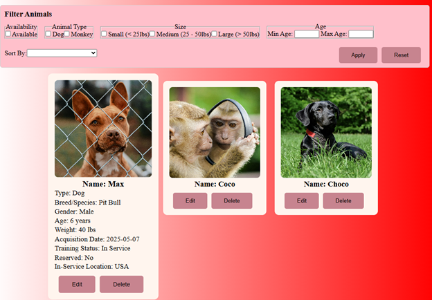 Angular frontend animal list view
